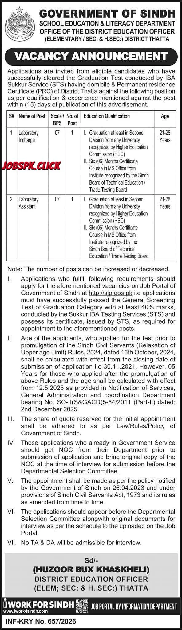 District Education Officer Thatta Jobs 2026 Official Advertisement