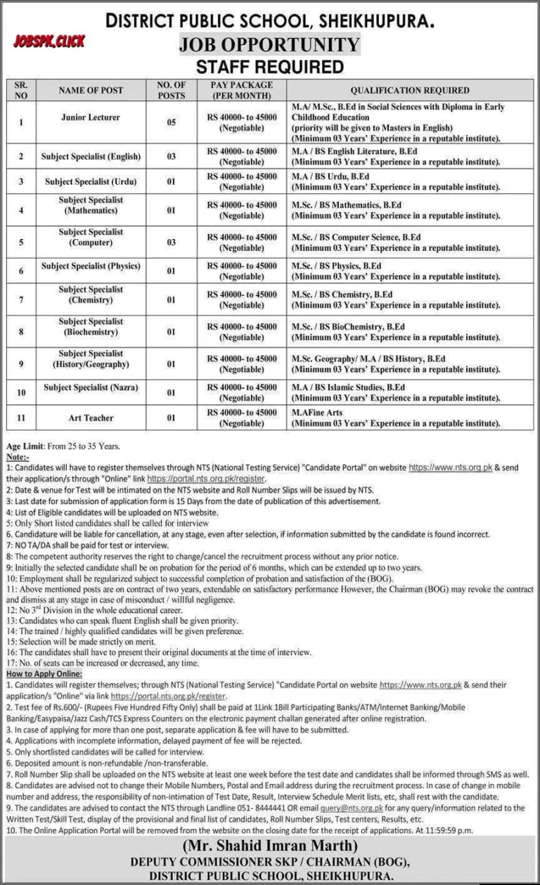 District Public School Sheikhupura Jobs 2026 Official Advertisement