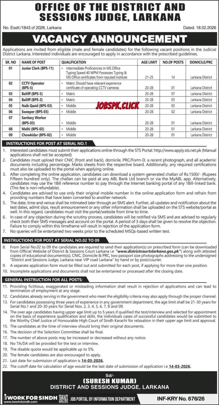District and Sessions Judge Larkana Jobs 2026 Official Advertisement