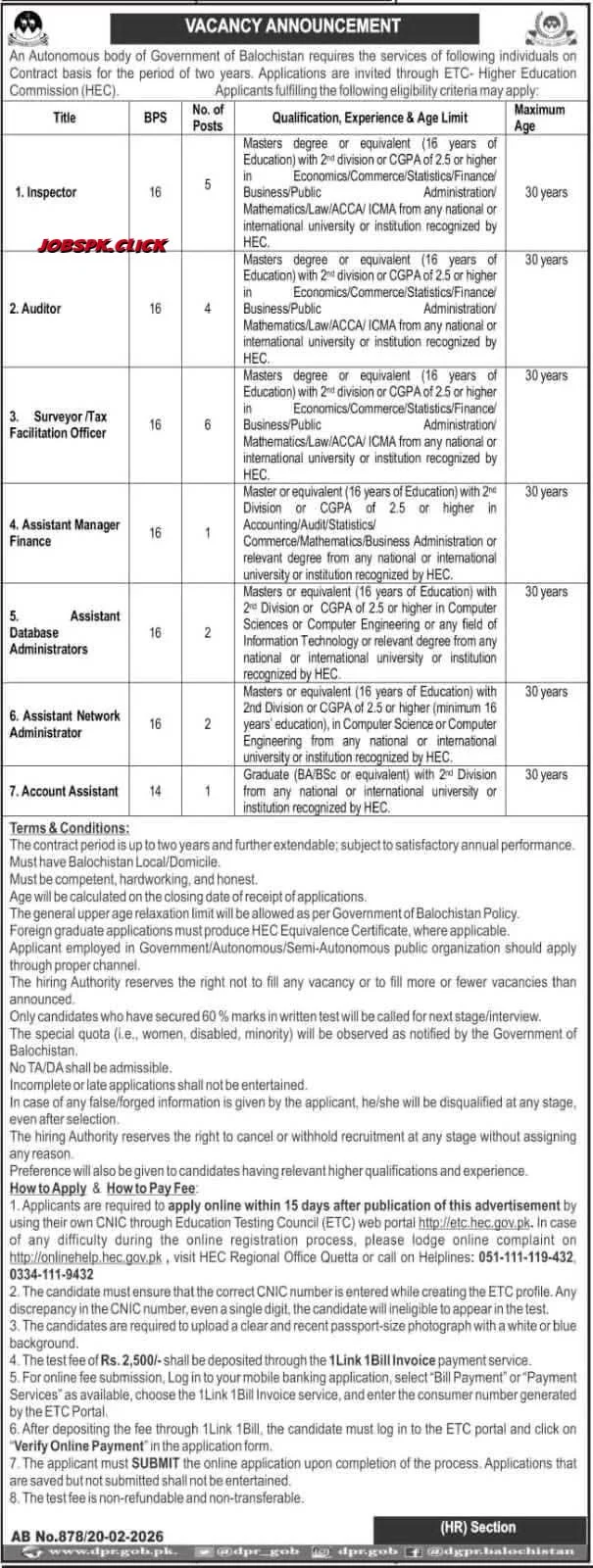 ETC Balochistan Jobs 2026 Official Advertisement