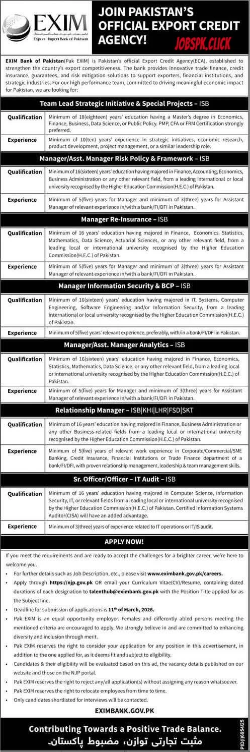 EXIM Bank Pakistan Jobs 2026 Official Advertisement