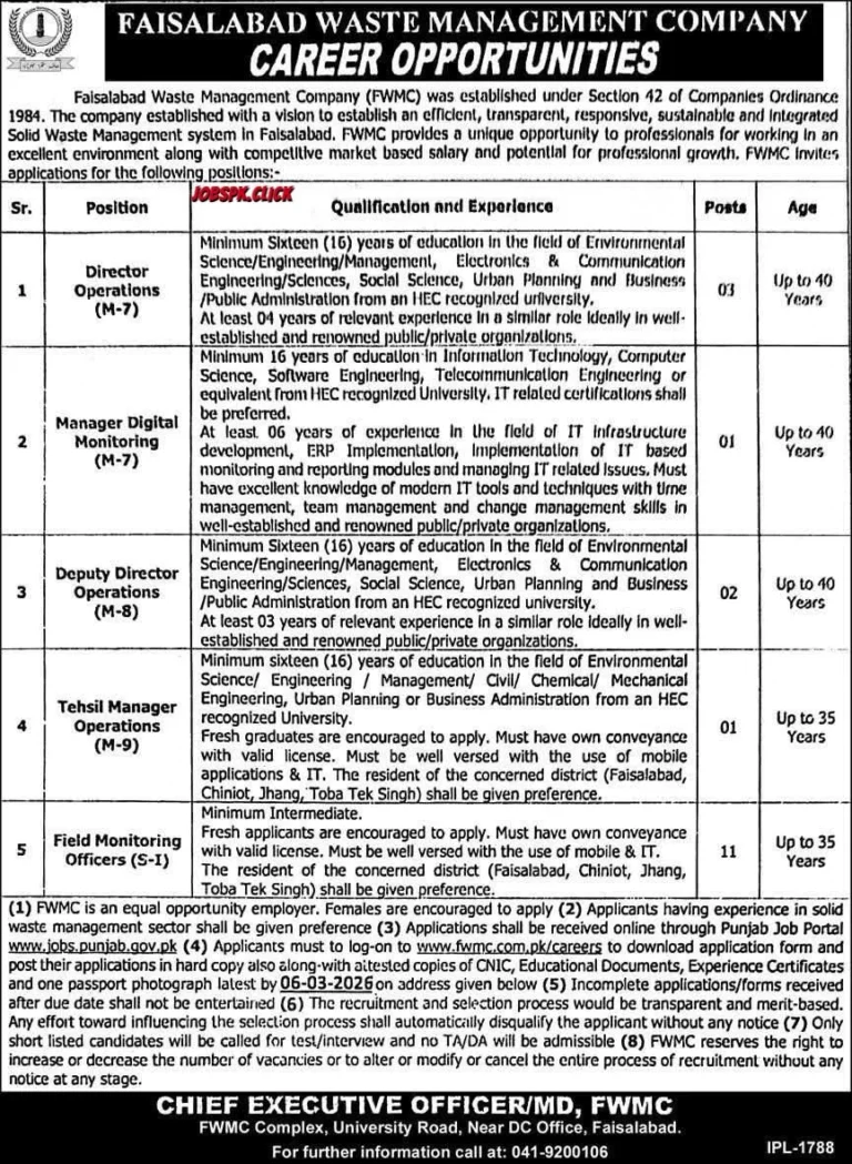 FWMC Jobs 2026 Official Advertisement
