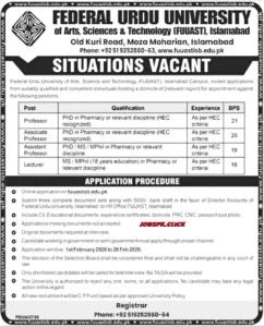 Federal Urdu University Islamabad (FUUAST) Jobs 2026 Official Advertisement