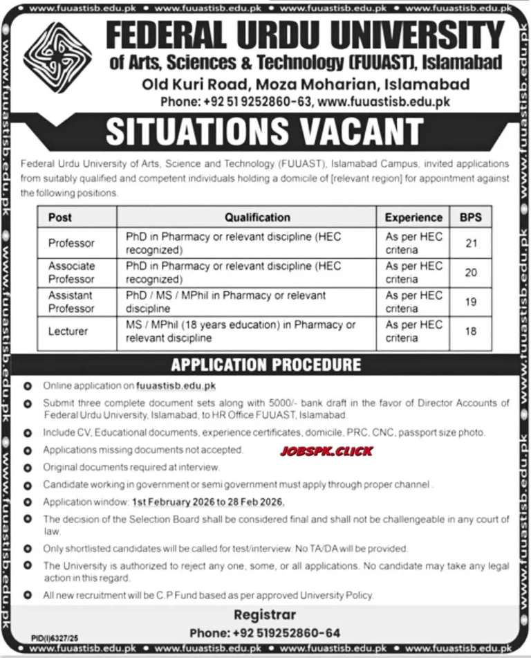 Federal Urdu University Islamabad (FUUAST) Jobs 2026 Official Advertisement