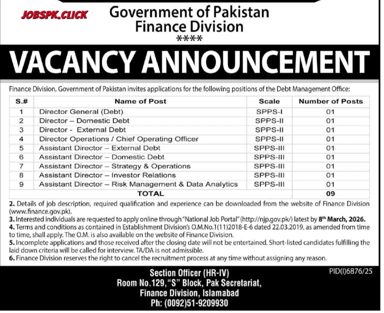 Finance Division February Jobs 2026 Official Advertisement
