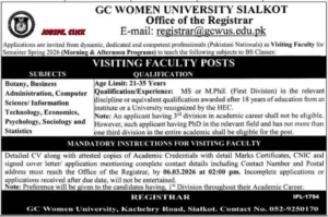 GC Women University Sialkot Jobs 2026 | Visiting Faculty Multiple Vacancies | Apply Now 1 GC Women University Sialkot Jobs 2026 Official Advertisement