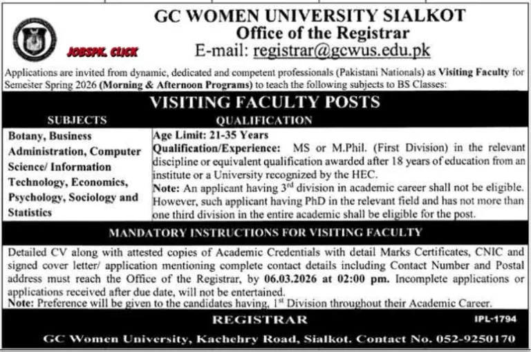 GC Women University Sialkot Jobs 2026 | Visiting Faculty Multiple Vacancies | Apply Now 11 GC Women University Sialkot Jobs 2026 Official Advertisement