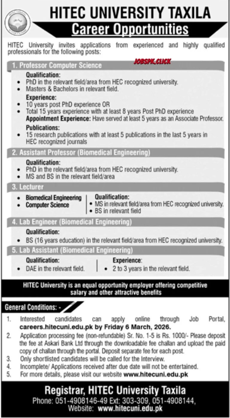 HITEC University Taxila February Jobs 2026 Official Advertisement