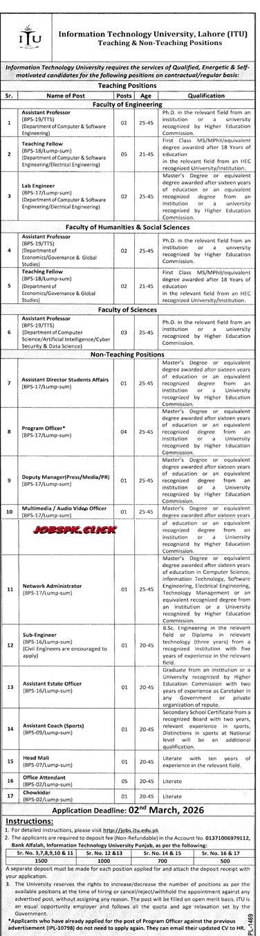 Information Technology University (ITU) Lahore Jobs 2026 Official Advertisement