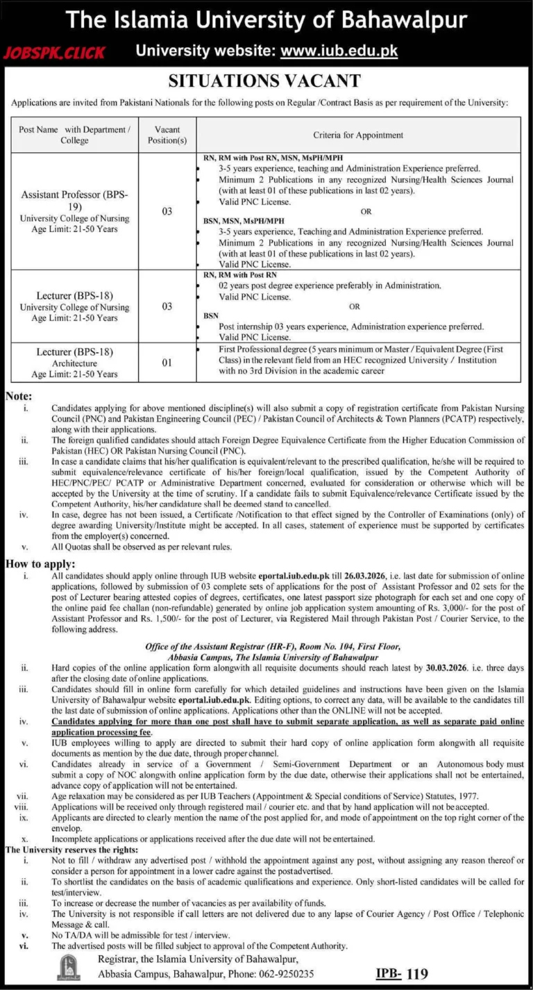 Islamia University of Bahawalpur IUB February Jobs 2026 Official Advertisement