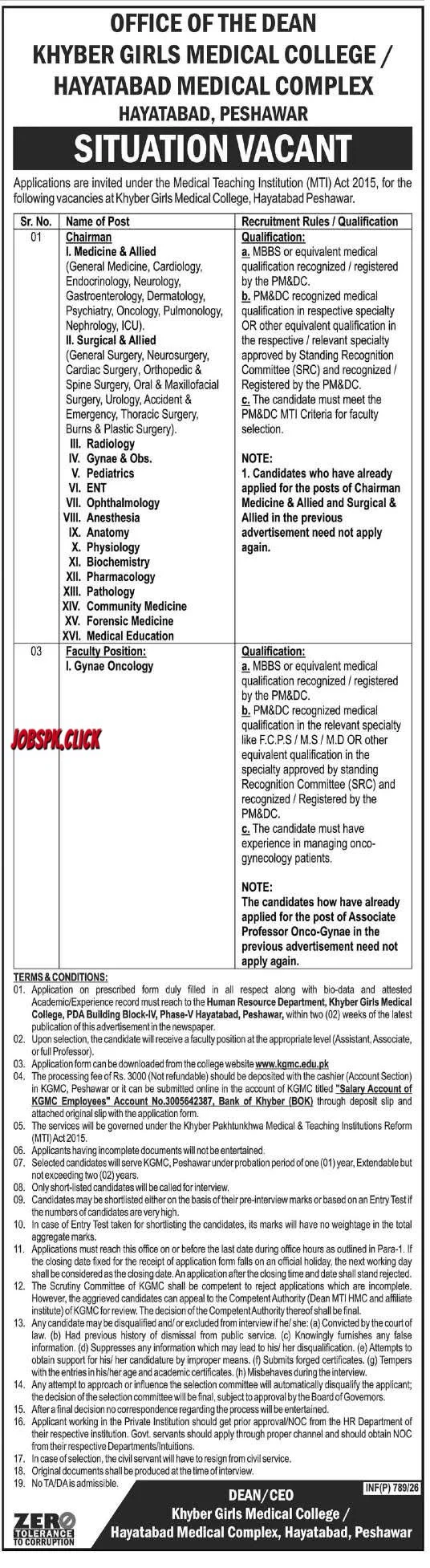 Khyber Girls Medical College (KGMC) Peshawar Jobs 2026 Official Advertisement