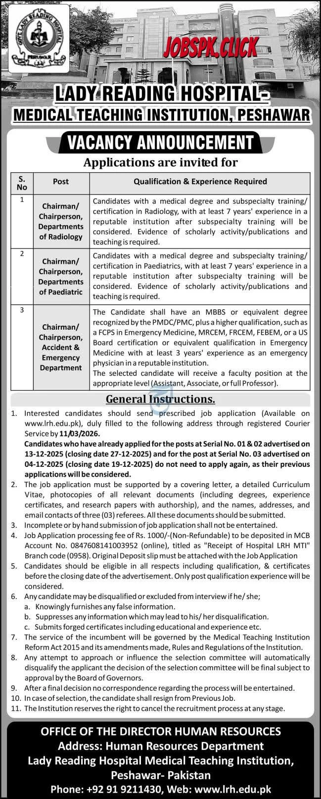 Lady Reading Hospital Medical Teaching Institution Peshawar Jobs 2026 Official Advertisement
