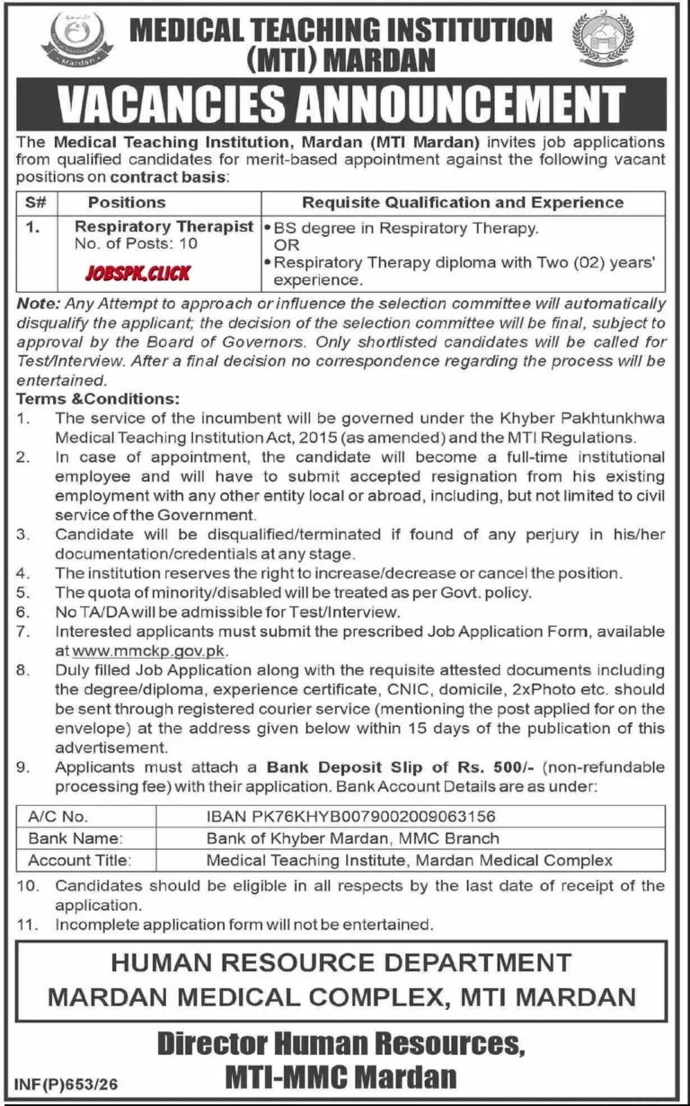 Medical Teaching Institution (MTI) Mardan Jobs 2026 Official Advertisement