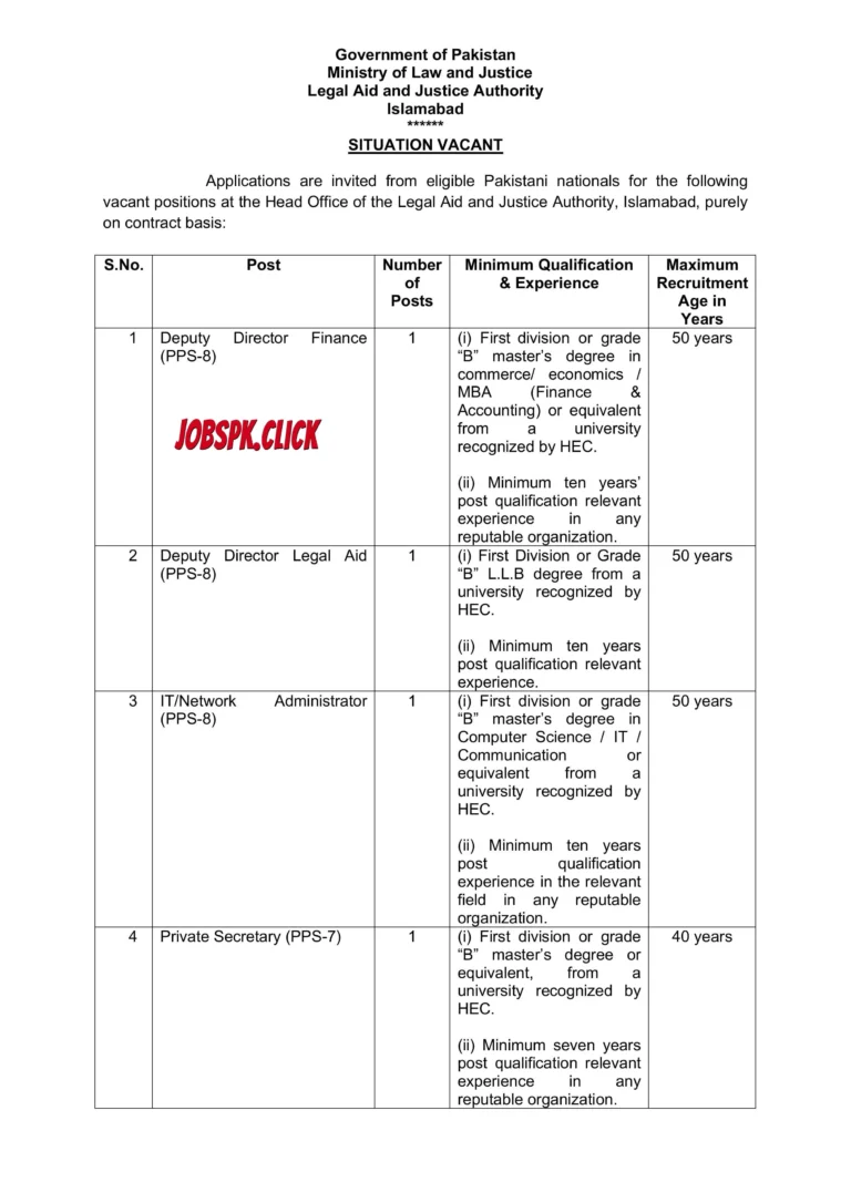Ministry of Law and Justice Legal Aid and Justice Authority Jobs 2026 Official Advertisement