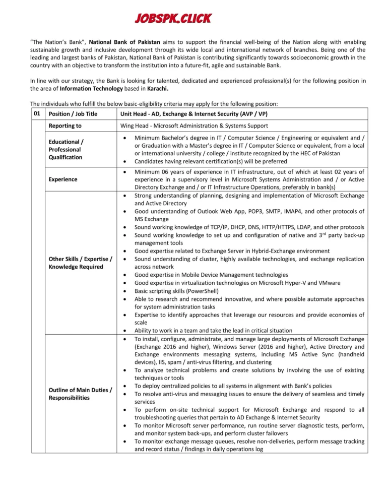 National Bank IT & Engineering Jobs 2026 Official Advertisement