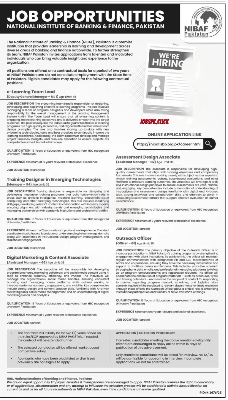 National Institute of Banking & Finance (NIBAF) Jobs 2026 Official Advertisement