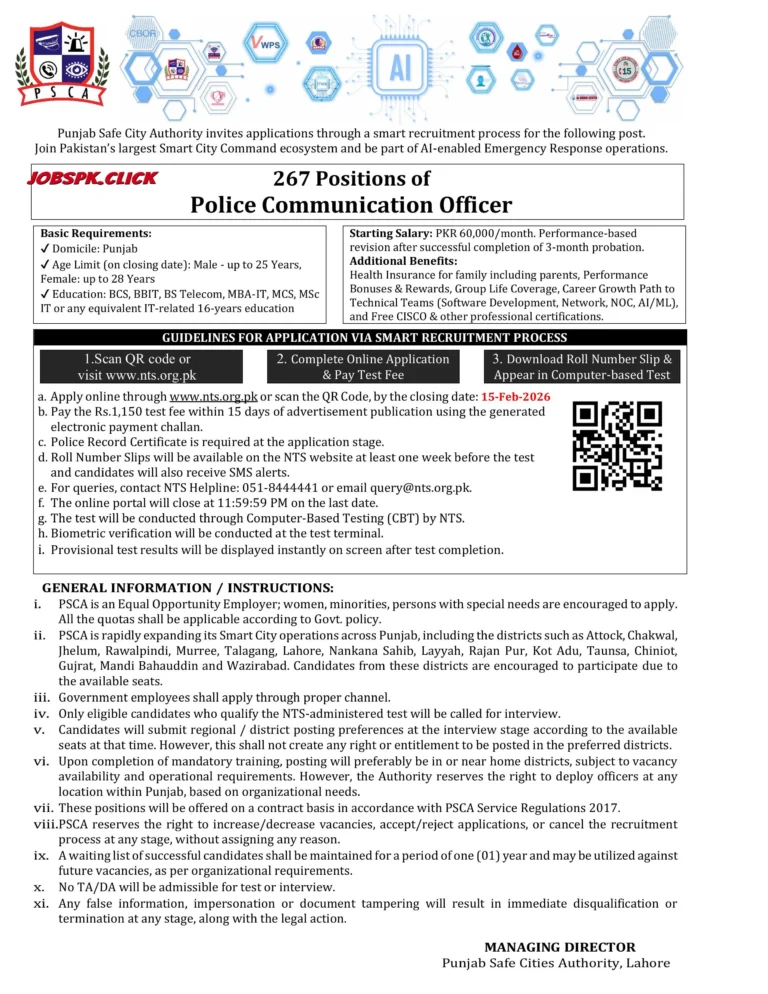 PSCA Police Communication Officer Jobs 2026 | 267+ Vacancies | Apply Online via NTS 6 PSCA Police Communication Officer Jobs 2026 | Punjab Safe Cit Authority| Official Advertisement