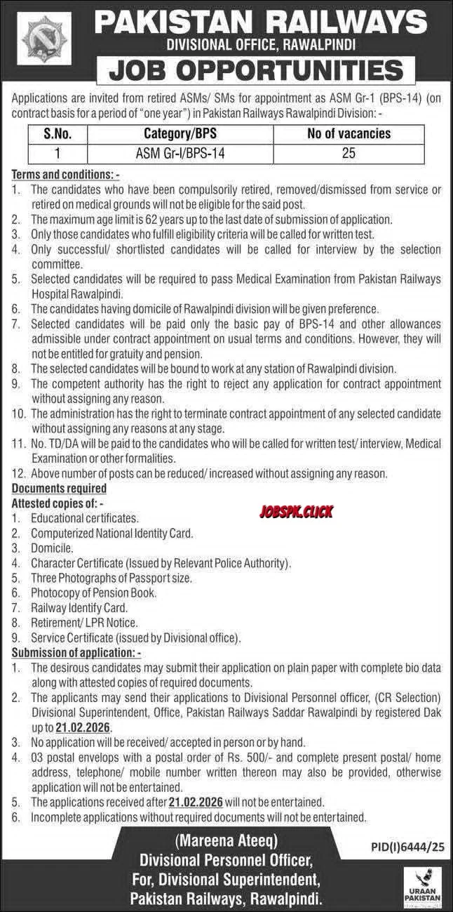 Pakistan Railways ASM Gr-I Jobs 2026 in Rawalpindi Official Advertisement