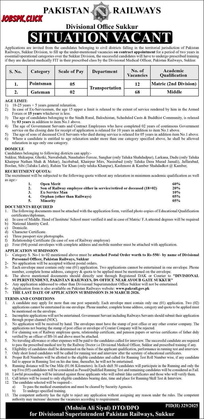 Pakistan Railways Divisional Office Sukkur Jobs 2026 Official Advertisement