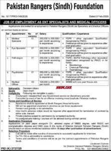 Pakistan Rangers Sindh Medical Jobs 2026 Official Advertisement
