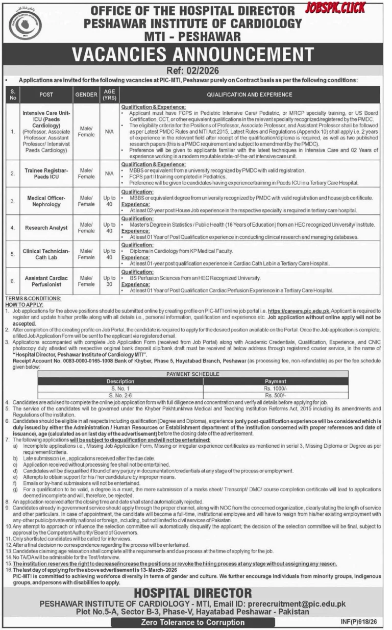 Peshawar Institute of Cardiology February Jobs 2026 Official Advertisement