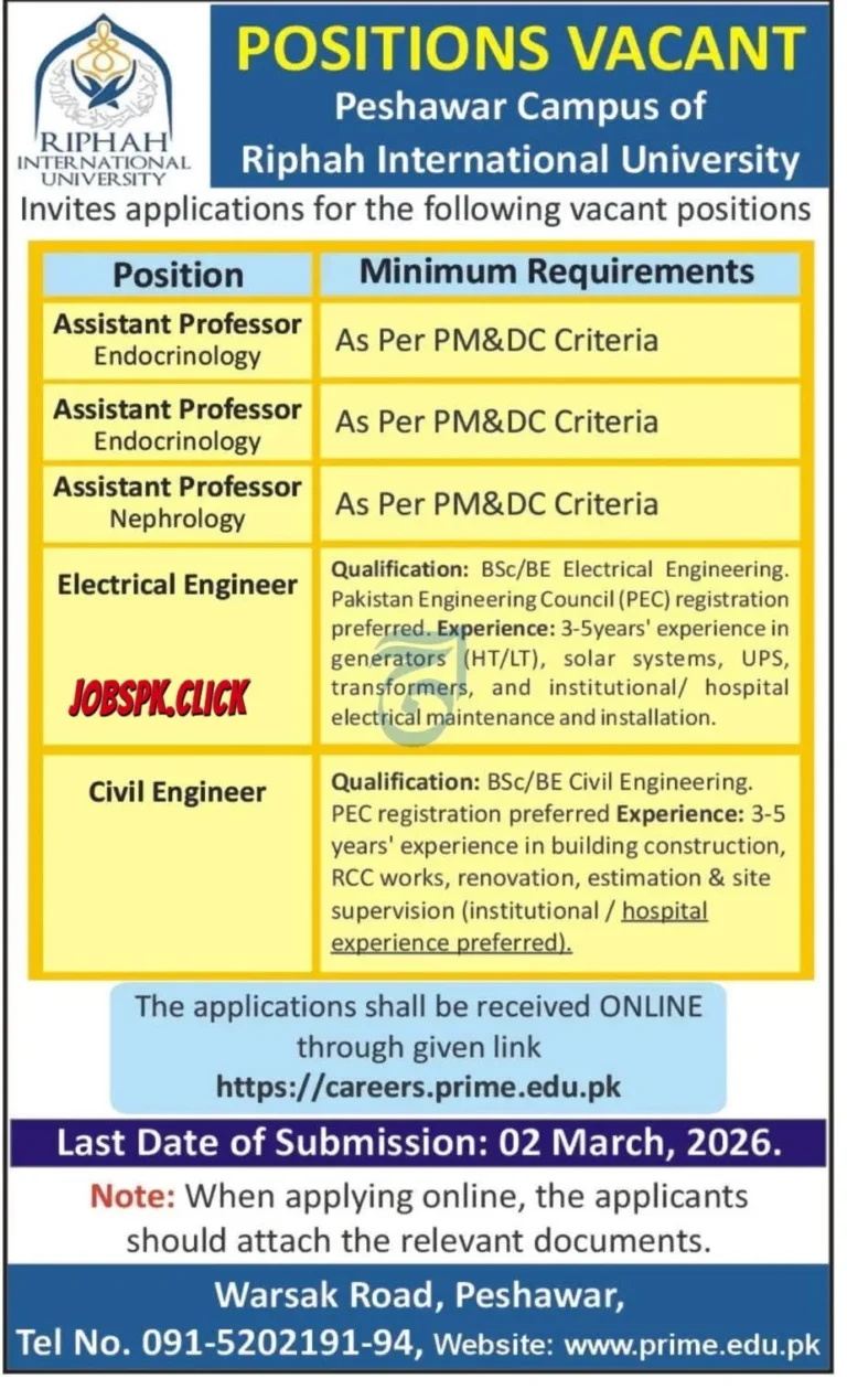 Riphah International University Peshawar Campus Jobs 2026 | Multiple Vacancies | Apply Online 5 Riphah International University Peshawar Campus Jobs 2026 Official Advertisement