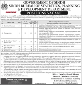 Sindh Bureau of Statistics Planning and Development Jobs 2026 Official Advertisement