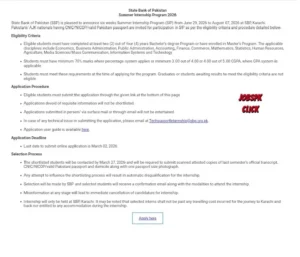 State Bank of Pakistan Internship 2026 | SBP Summer Internship Program (SIP 2026) | Apply Online 1 State Bank of Pakistan Internship 2026 | SBP Summer Internship Program Official Advertisement