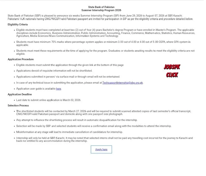 State Bank of Pakistan Internship 2026 | SBP Summer Internship Program (SIP 2026) | Apply Online 18 State Bank of Pakistan Internship 2026 | SBP Summer Internship Program Official Advertisement