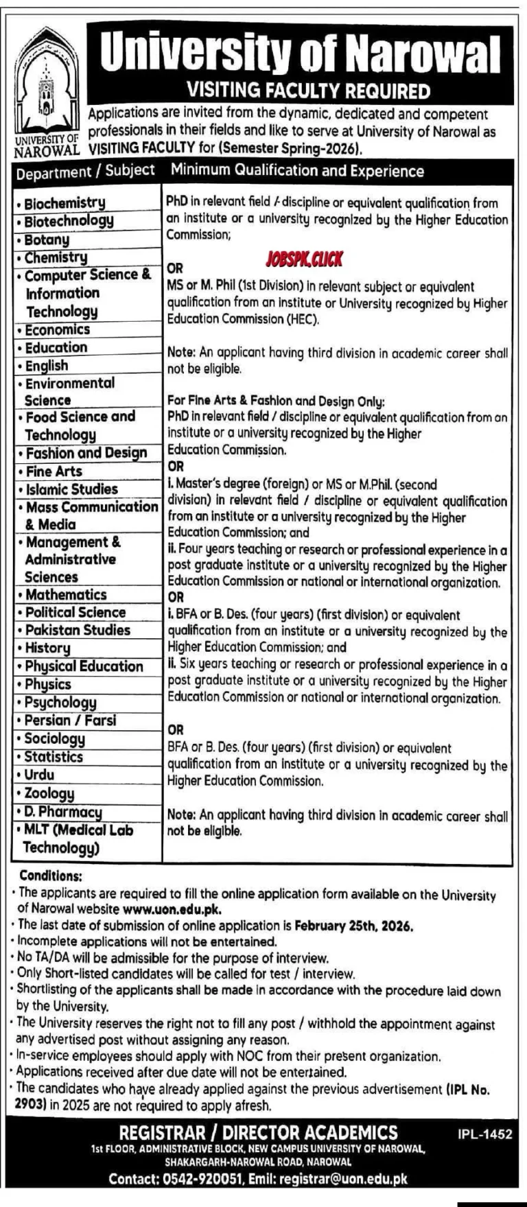 University of Narowal Visiting Faculty Jobs 2026 Official Advertisement
