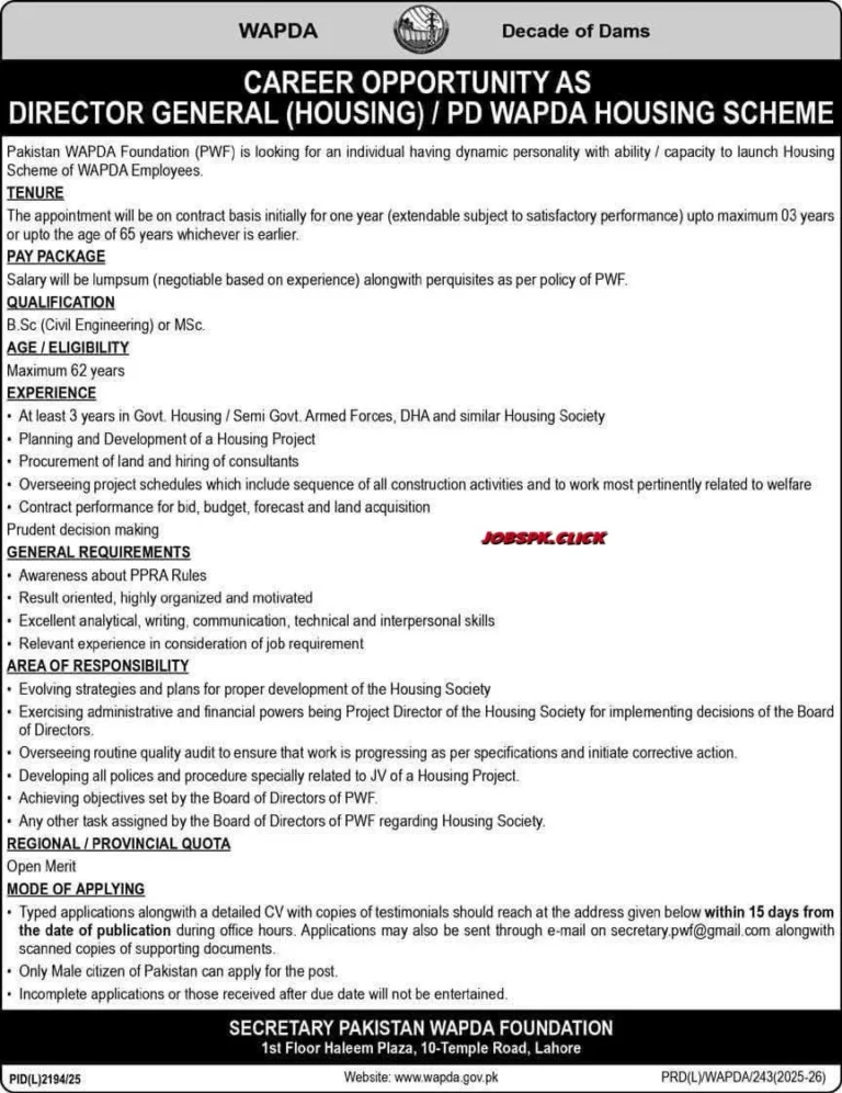 WAPDA Director General Housing Jobs 2026 Official Advertisement