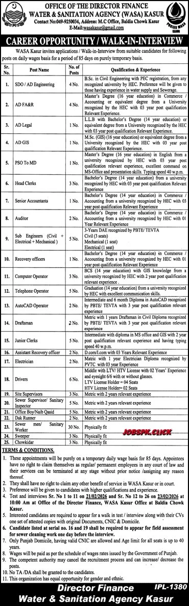 WASA Kasur Jobs 2026 - 89 Vacancies Walk-in Interview 20 WASA Kasur Jobs 2026 Official Advertisement