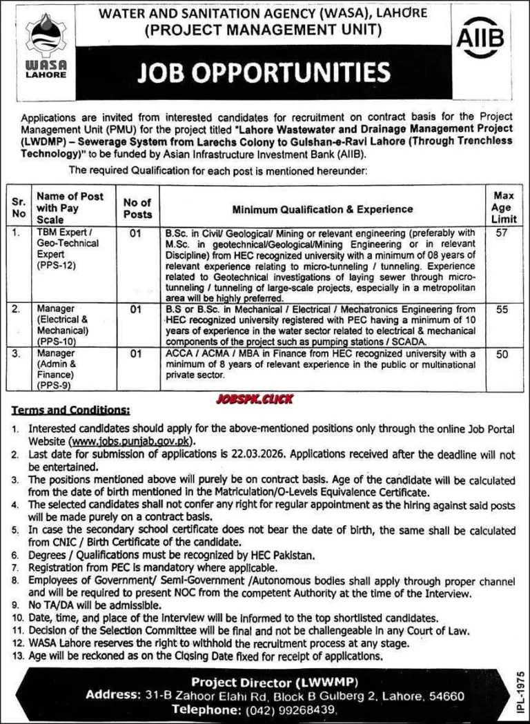 WASA Lahore Jobs 2026 | Apply Online 8 WASA Lahore Jobs 2026 Official Advertisement
