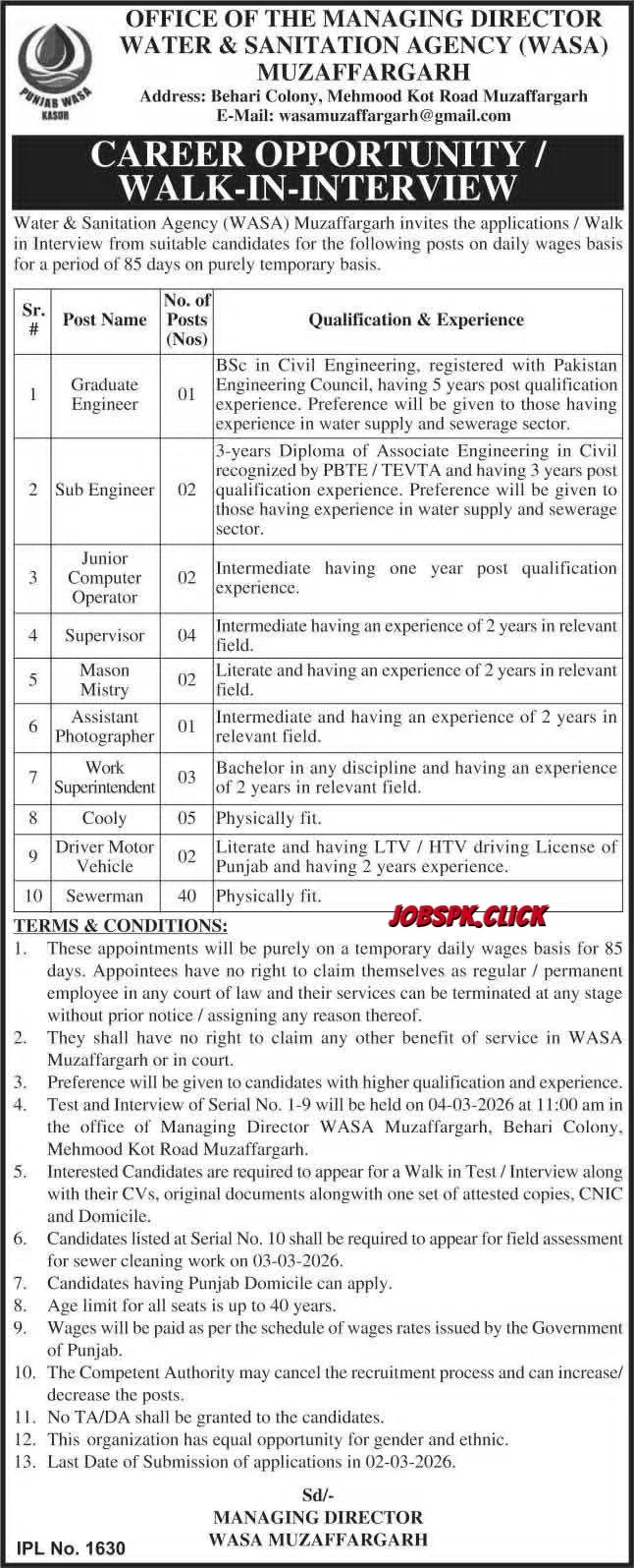 WASA Muzaffargarh Jobs 2026 | 72 Government Vacancies | Apply Now 18 WASA Muzaffargarh Jobs 2026 Official Advertisement