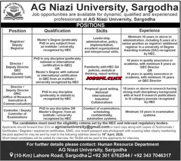 AG Niazi University Sargodha April (Ad.1) Jobs 2026 Official Advertisement