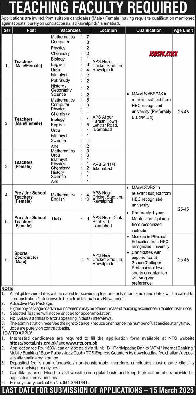 Army Public School (APS) Jobs 2026 at Islamabad and Rawalpindi Official Advertisement