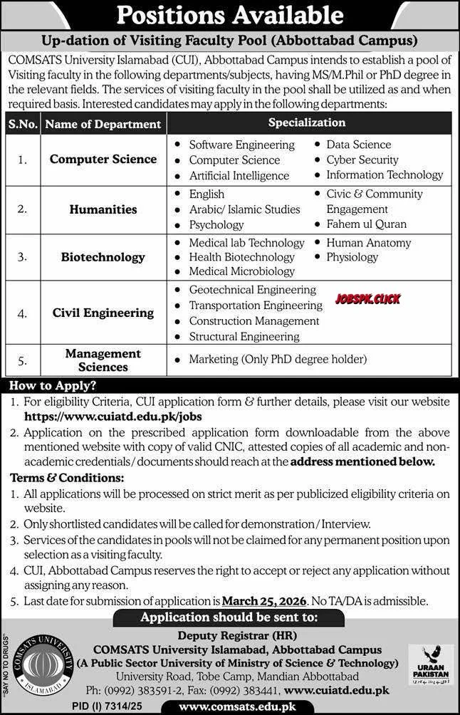 COMSATS University March Jobs 2026 Official Advertisement