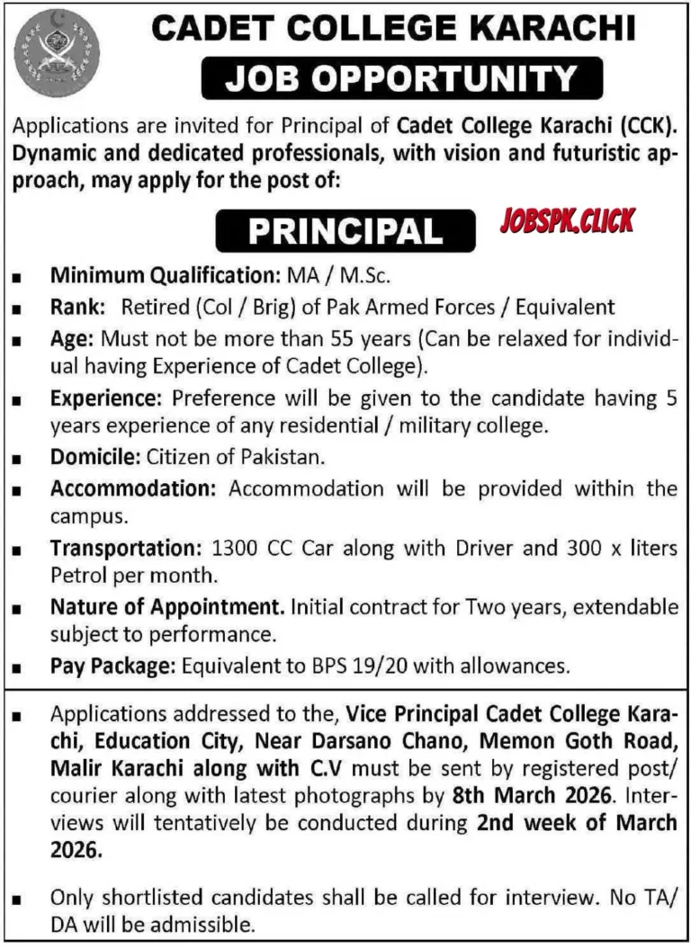 Cadet College Karachi March Jobs 2026 Official Advertisement