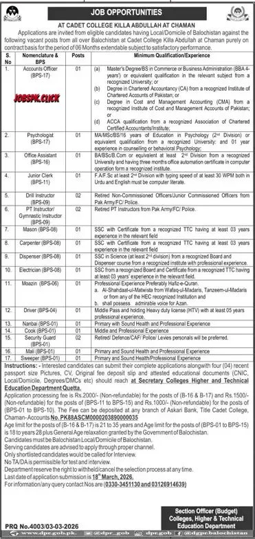 Cadet College Killa Abdullah Chaman Jobs 2026 Official Advertisement
