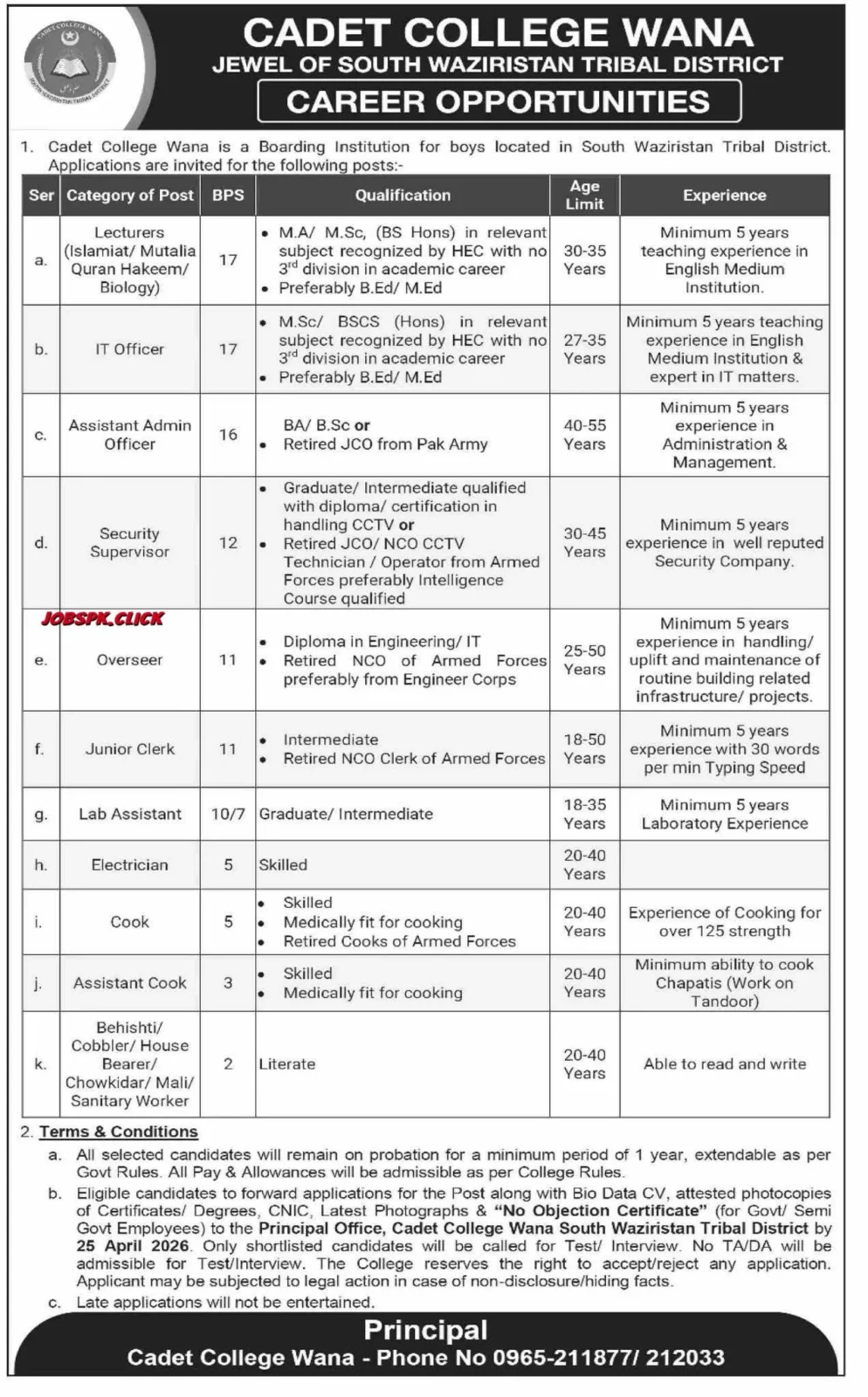 Cadet College Wana Jobs 2026 April — Lecturers, IT Officer, Security & Support Staff Needed 1 Cadet College Wana Jobs 2026 April Official Advertisement
