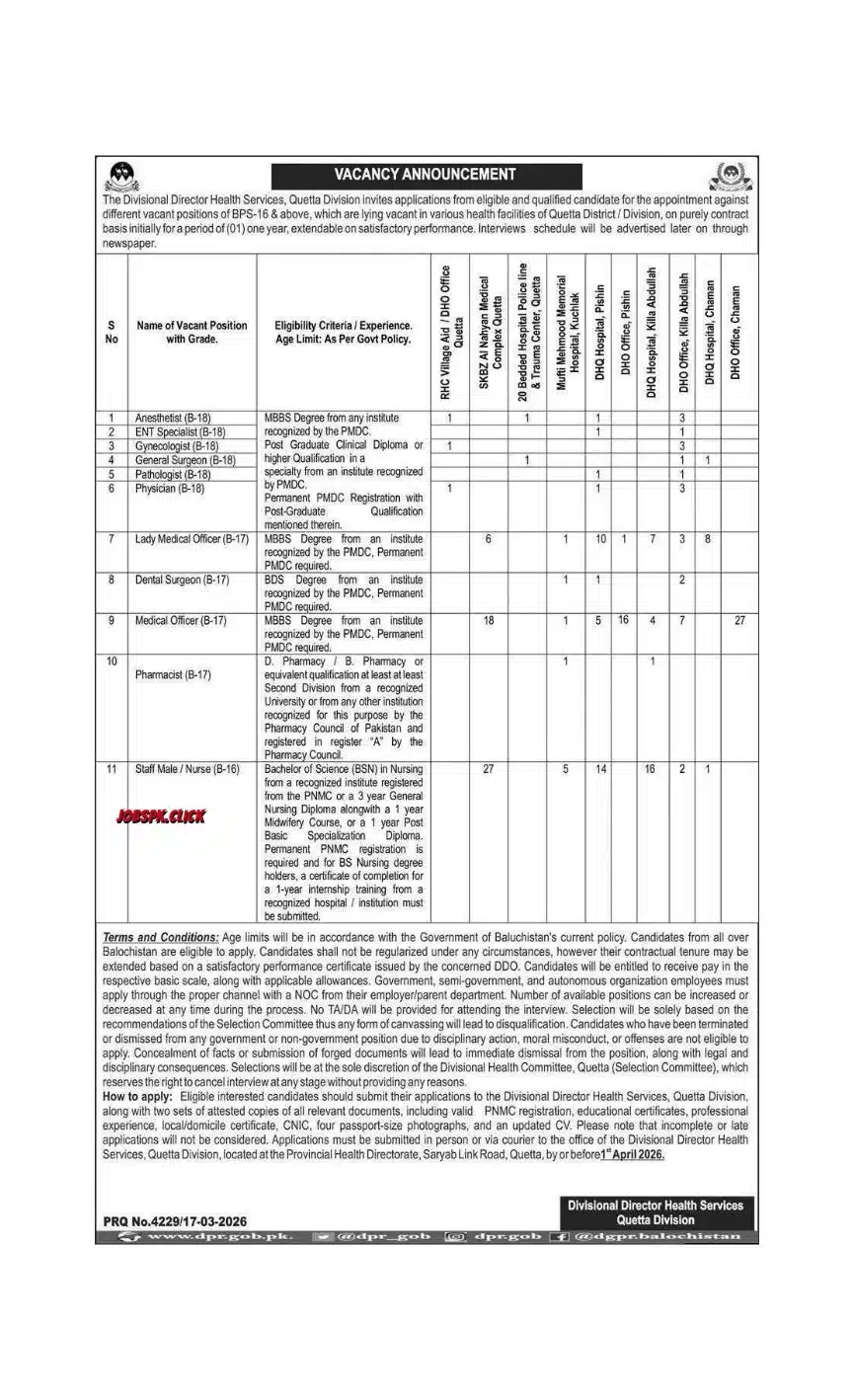 Divisional Director Health Services Quetta Jobs 2026 Official Advertisement