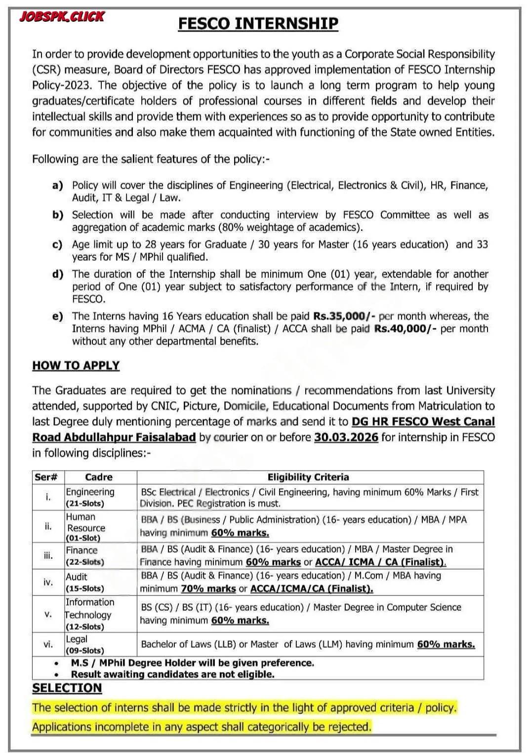 FESCO Government Internship 2026 Official Advertisement