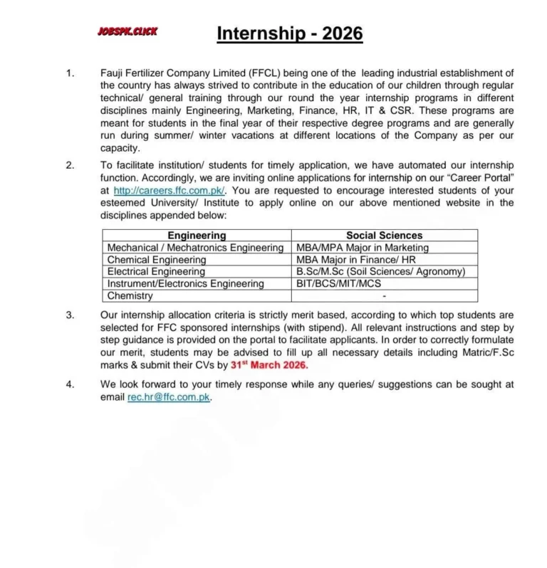 FFC Internship 2026 Apply Online | Fauji Fertilizer Company Invites Final Year Students 10 FFC Internship 2026 Official Advertisement001 1
