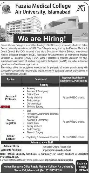 Fazaia Medical College Air University March Jobs 2026 Official Advertisement
