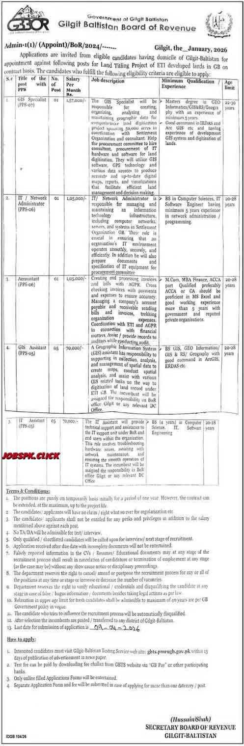 Gilgit-Baltistan Board of Revenue Jobs 2026 Official Advertisement