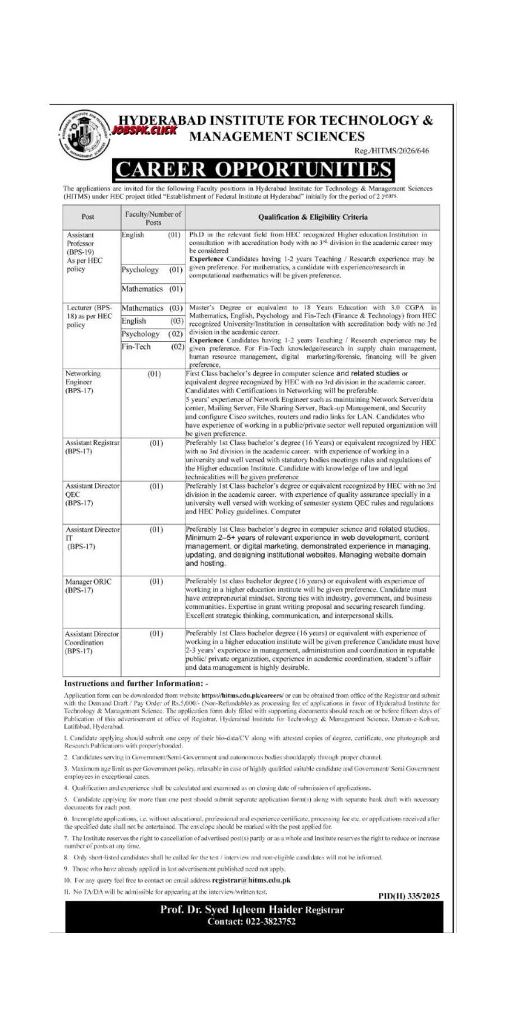 Hyderabad Institute for Technology & Management Sciences Jobs 2026 Official Advertisement