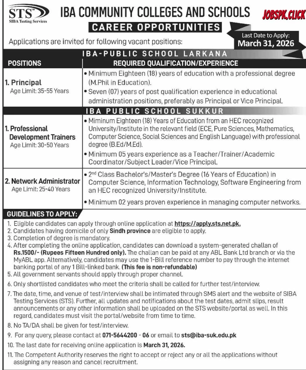 IBA Community Colleges and Schools Jobs 2026 Official Advertisement