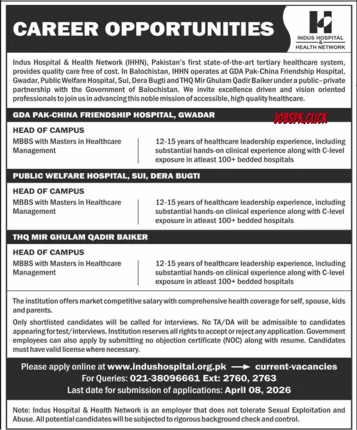 Indus Hospital & Health Network April (Ad 1) Jobs 2026 Official Advertisement