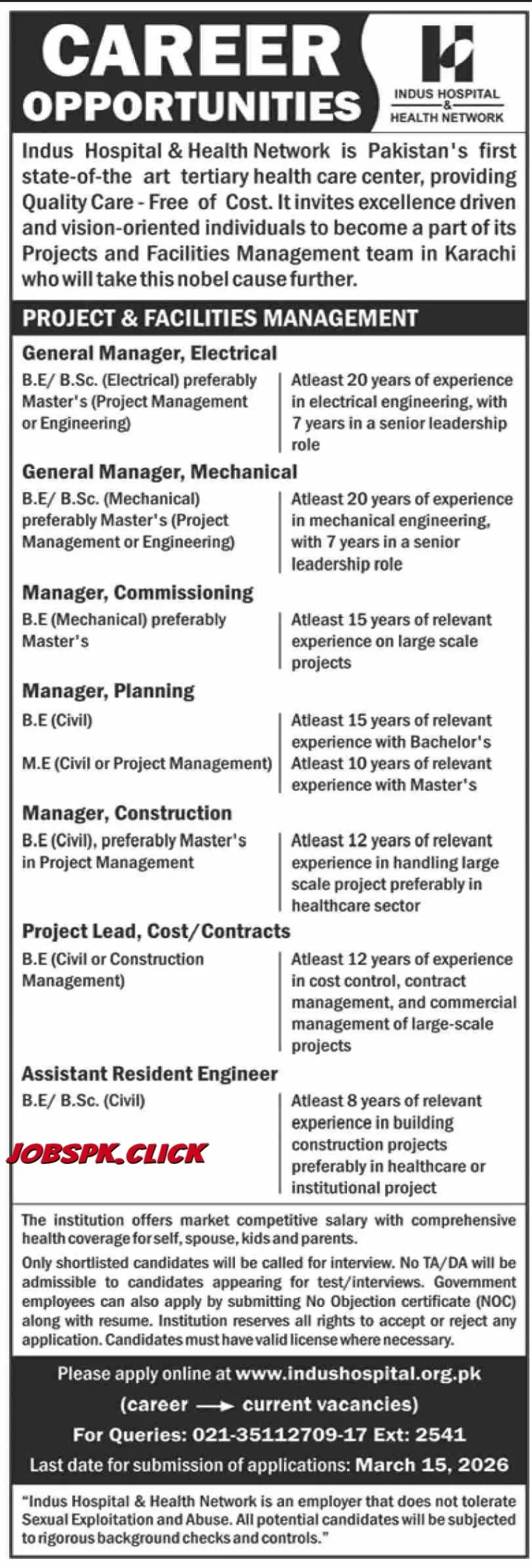 Indus Hospital March Jobs 2026 Official Advertisement