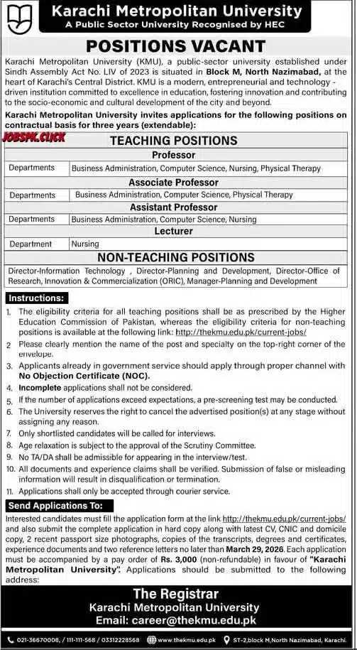 Karachi Metropolitan University Latest March Jobs 2026 Official Advertisement